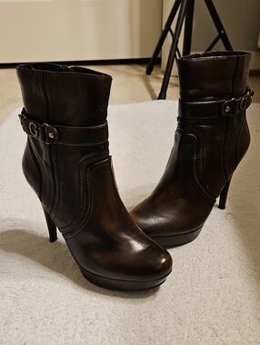 GUESS Dark Brown Leather Heeled Ankle Boots with Buckle